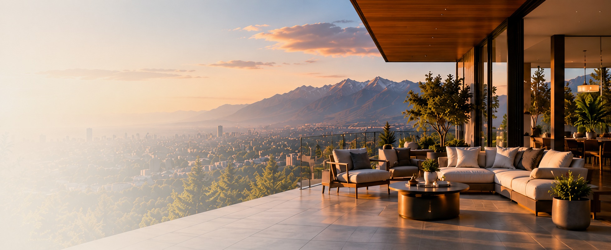 Terraza con vista a la cordillera al atardecer