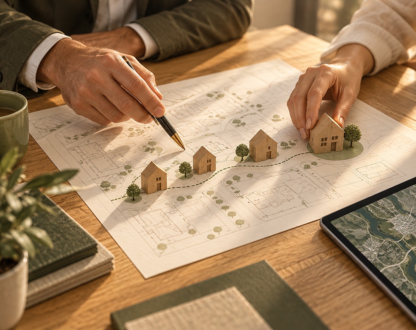 Asesores revisando juntos el plan de un proyecto inmobiliario