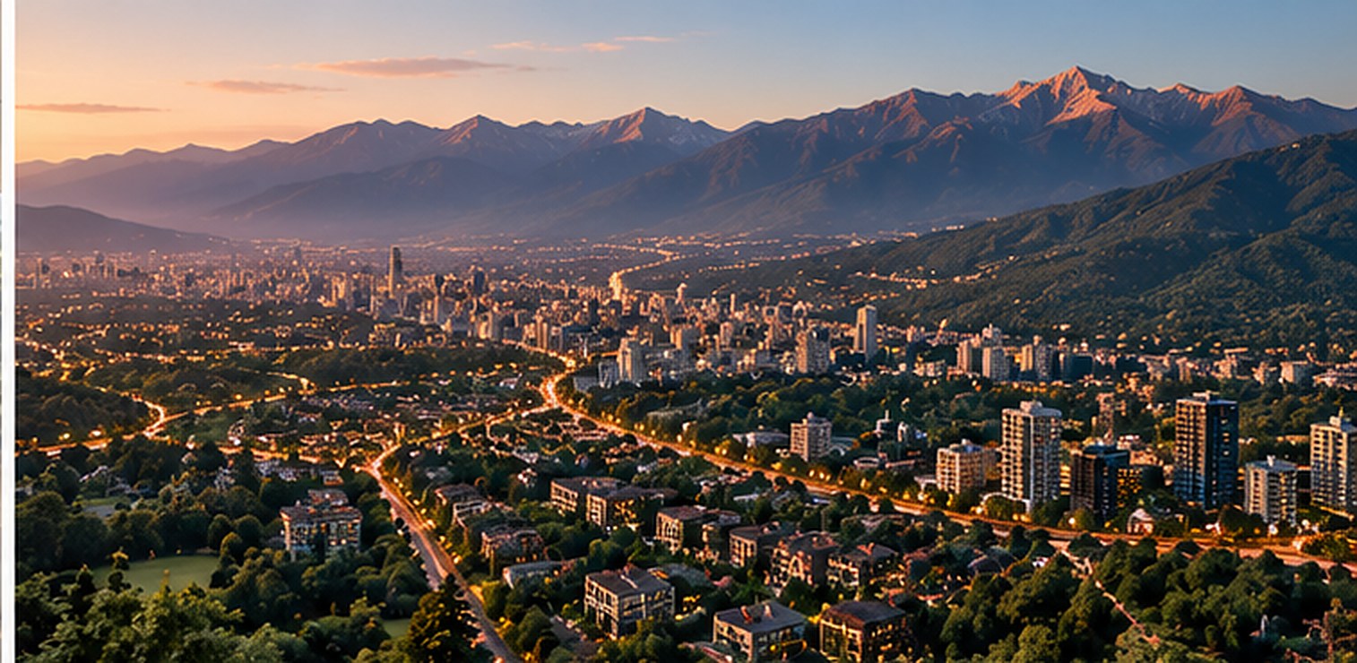 Vista aérea de Santiago con la cordillera al atardecer